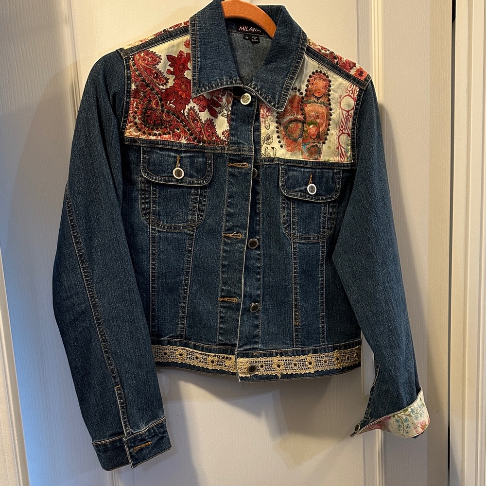 Women's Denim Jacket with Red and Cream Details